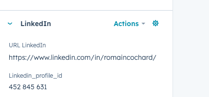 Capture du champ LinkedIn Profile ID sur une fiche contact HubSpot utilisé pour détecter les doublons.