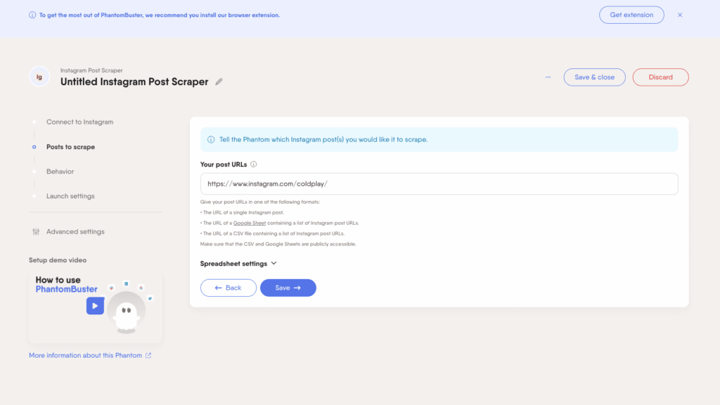 Captura de pantalla del panel de control de Phantom Buster destacando las herramientas de automatización para Instagram, LinkedIn, Twitter y GitHub