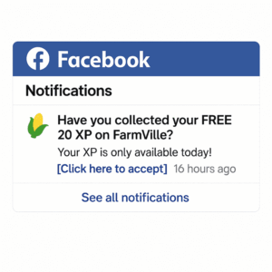 Facebook notification inviting users to claim 20 free XP on FarmVille with a clickable link and an urgency reminder.