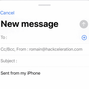 Screenshot of iPhone email app showing a new message draft with “Sent from my iPhone” signature.