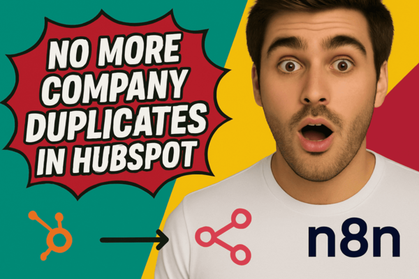 YouTube thumbnail showing a surprised man, text “No More Company Duplicates in HubSpot,” HubSpot and n8n logos on a colorful background.