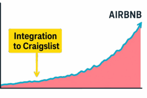 Graph showing Airbnb’s growth with a sharp rise after Craigslist integration, highlighted by a yellow arrow and label on a white background.