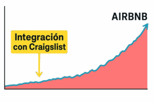 Gráfico del crecimiento de Airbnb con un marcador amarillo que señala “Integración con Craigslist” como un momento clave, mostrando un aumento constante hacia arriba.