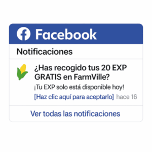 Notificación de Facebook sobre FarmVille que ofrece 20 EXP gratis con enlace para aceptarlo.
