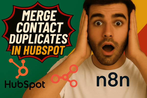 A surprised man with hands on his head and the text “Merge Duplicate Contacts on HubSpot” with HubSpot and n8n logos below.