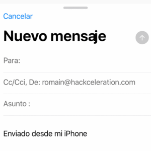 Captura de pantalla de un iPhone mostrando un correo nuevo con los textos en español: Cancelar, Nuevo mensaje, Para, Asunto, Enviado desde mi iPhone.