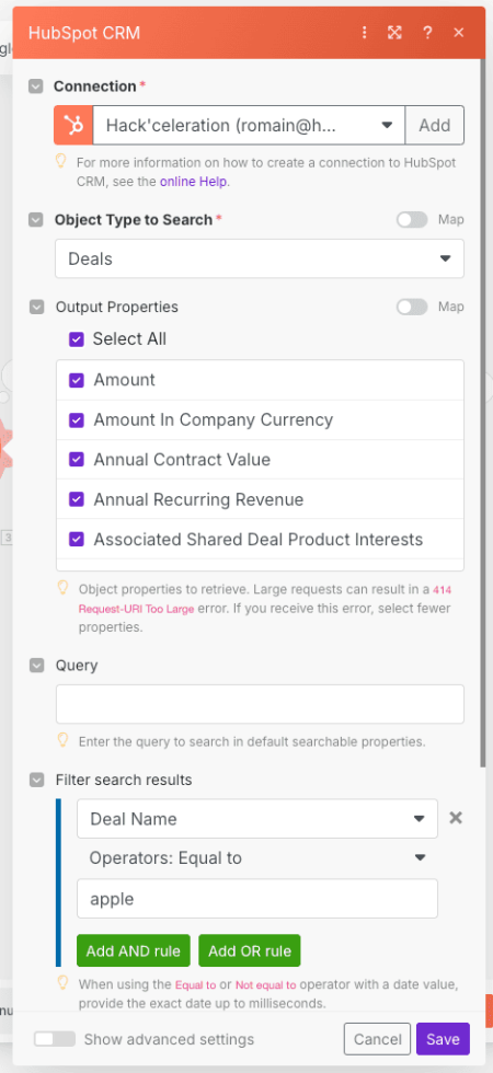 Make Search for CRM Object module for HubSpot deal