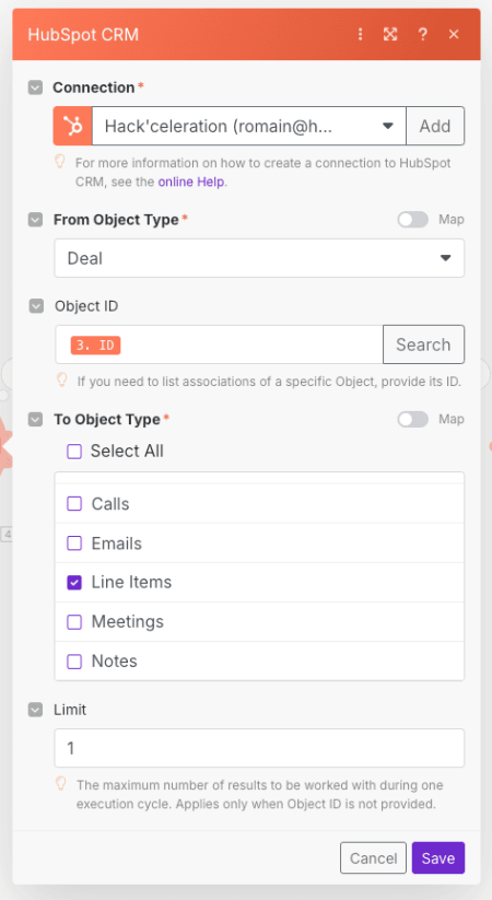 Make List Associations module showing HubSpot line item