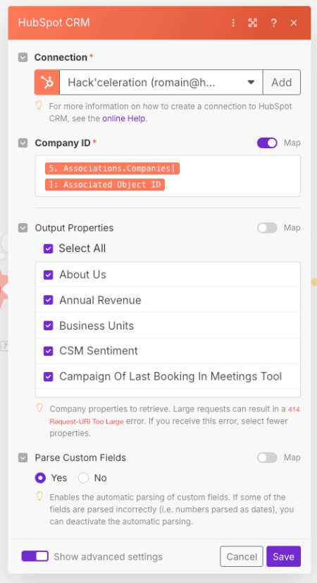 Make module retrieving company details from HubSpot