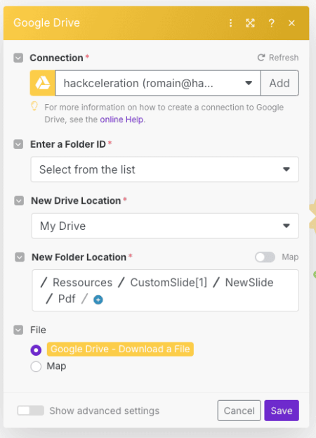 Make Upload File module for uploading PDF to Google Drive