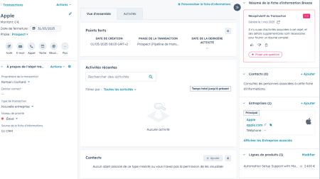 Screenshot of a HubSpot deal with linked company and product