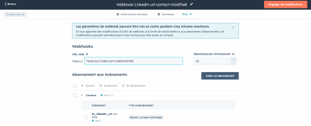 Screenshot HubSpot création application privée Webhook LinkedIn URL Contact Modified