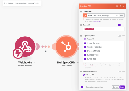 Screenshot Make Webhook et module Get-A-Contact HubSpot