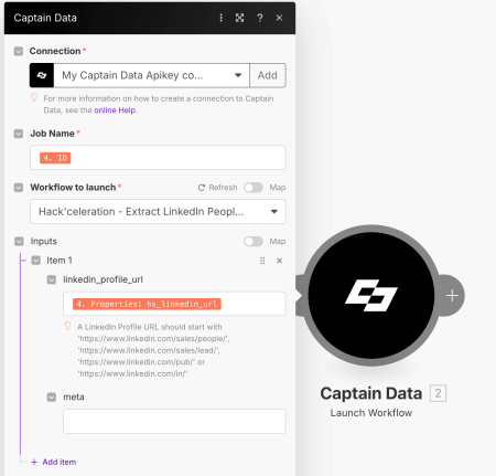 Screenshot Make module Captain Data Launch Workflow ExtractLinkedInPeopleProfile