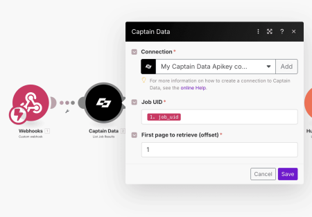 Screenshot Make module Captain Data List Job Result avec Job UID