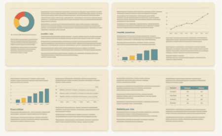 Blurred screenshot of a Google Slides presentation generated by the AI simulator, showing charts, text, and tables.