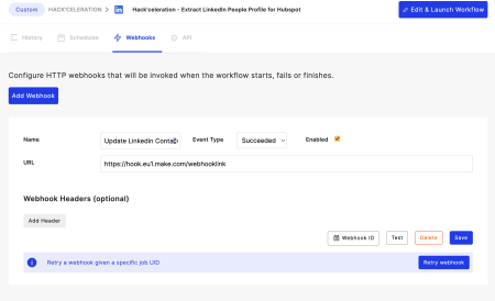 Screenshot Captain Data ajout Webhook ExtractLinkedInPeopleProfile Succeeded