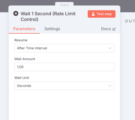 Delay module in n8n with 1-second pause for API rate limit management.