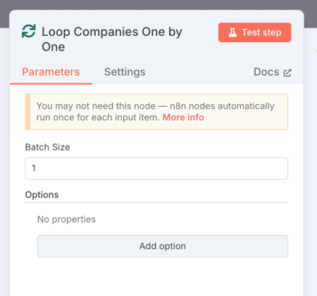 Loop Over Items module in n8n with Batch Size 1 for individual company processing.