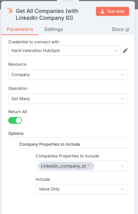 Get Many Companies en n8n recuperando empresas con LinkedIn Company ID.