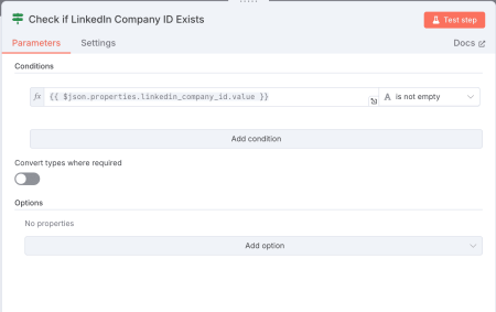La condición IF comprueba si el LinkedIn Company ID está presente antes de continuar.