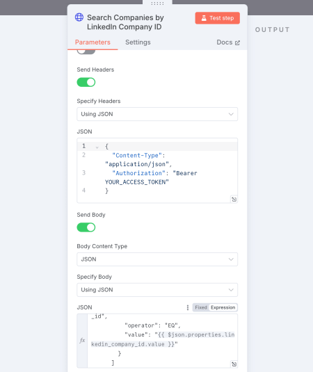HTTP Request en n8n para búsqueda de empresas por LinkedIn Company ID.