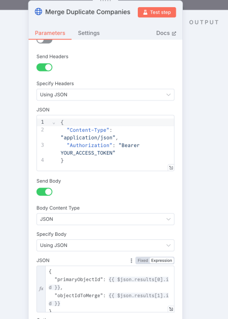 Configuración del módulo HTTP Request para fusionar empresas duplicadas mediante la API de HubSpot.