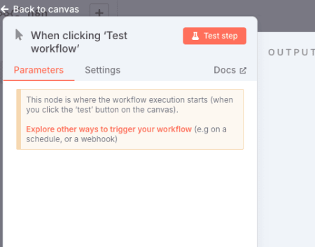 Paramétrage du module Manual Trigger dans n8n pour tester le workflow manuellement.