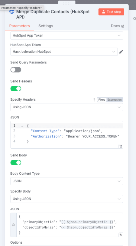 Executing the merge using an HTTP Request node to call HubSpot’s API.