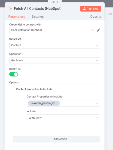 Recuperar todos los registros de contacto utilizando el nodo de HubSpot con ‘Get All’.