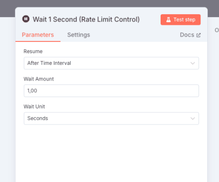 Configuración del nodo Wait en n8n con retardo de 1 segundo