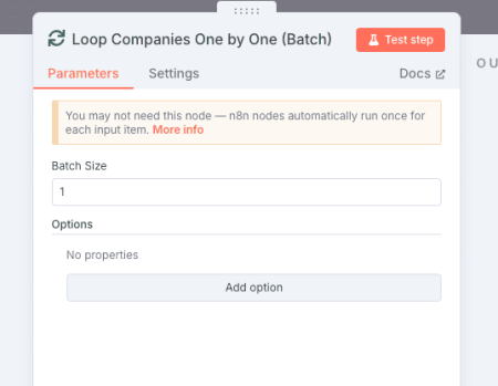 Paramétrage du module SplitInBatches dans n8n avec un batch size de 1.