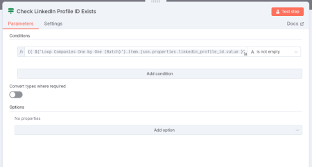 Configuration du module IF dans n8n pour vérifier la présence du champ LinkedIn Profile ID.