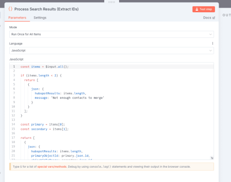 Capture du module Code dans n8n pour traiter les résultats de recherche et extraire les IDs des contacts.
